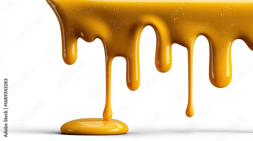 Poster dripping yellow honey or syrup flowing down in a stream with drops and a puddle on a clean white iso