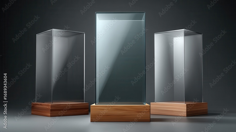 Poster three empty glass display cases with wooden bases on a dark background for product presentation or m