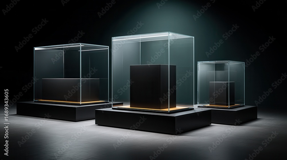 Poster three empty illuminated glass showcases on black pedestals for product display in a modern museum or