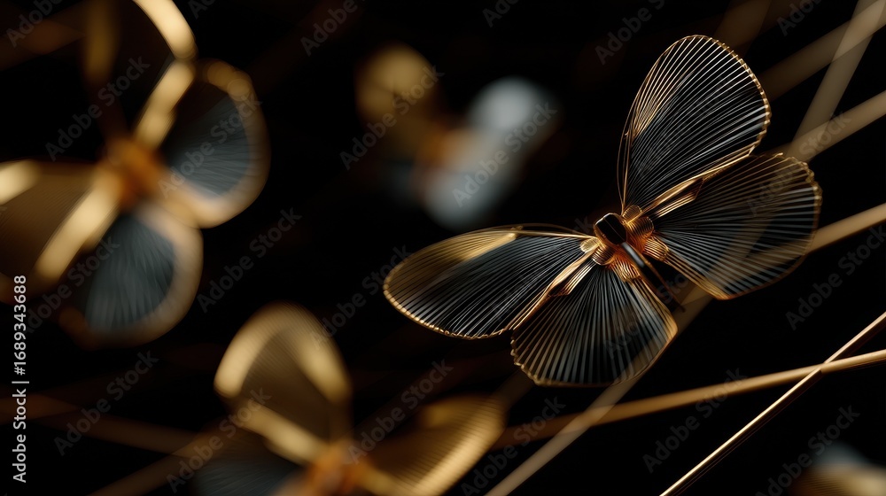 Poster abstract golden wireframe butterflies on a dark background with elegant lighting and shallow depth o