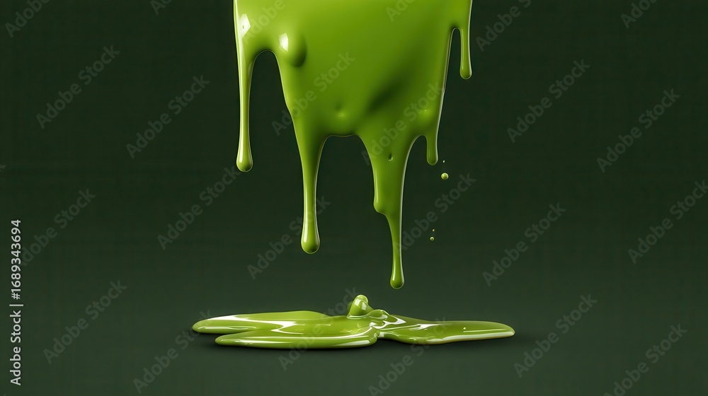 Poster thick green paint or slime dripping with glossy texture on a dark background creating an abstract li