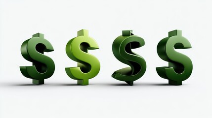 A set of glossy green dollar symbols isolated on a white background for concepts related to money, banking, investment, and the economy