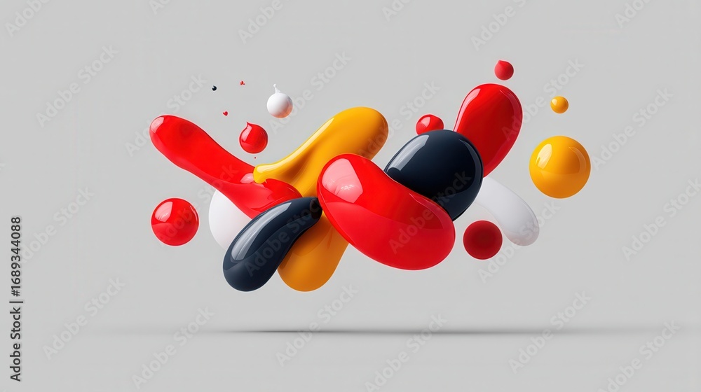 Poster abstract composition of colorful glossy fluid shapes and spheres floating in a minimalist space with