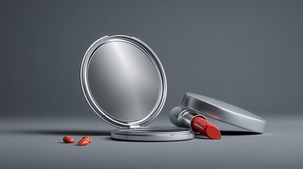 Red lipstick and an open compact mirror with a silver case on a minimalist grey background with copy space