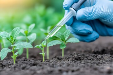 Hand in blue glove applying liquid fertilizer to young green plants in soil, emphasizing sustainable agricultural practices and soil health. soil analysis, sustainable development, fertilization,