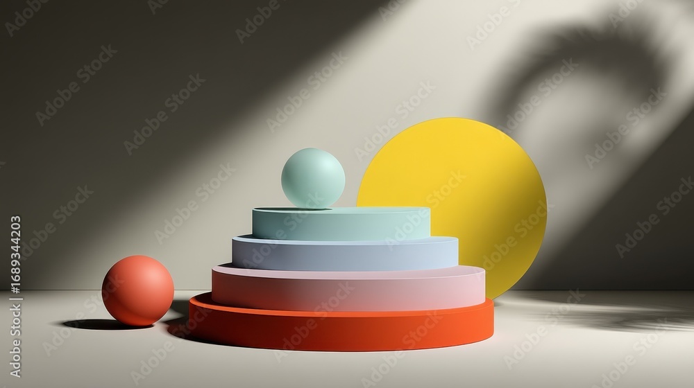 Poster abstract composition with colorful geometric shapes on a podium display with dramatic lighting and s
