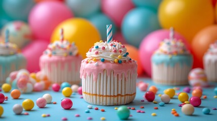 Kids' party card with bounce houses piatas and rainbow colored candy sparking joy and fun for a playful gathering