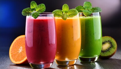 refreshing fruit smoothies in colorful glasses with mint