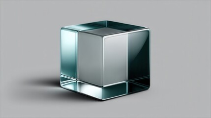 Modern glass cube with rounded corners and reflective surfaces isolated on a clean grey background with studio lighting