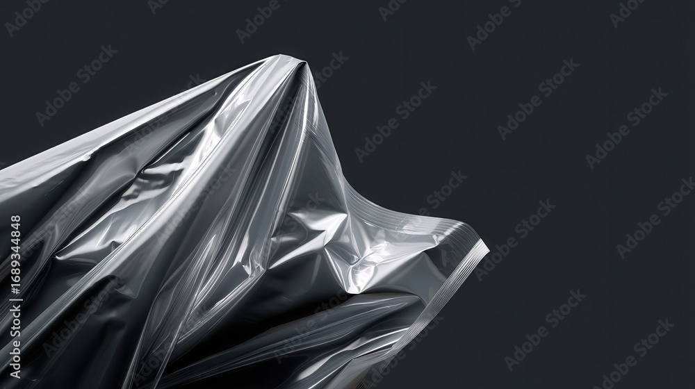 Poster abstract transparent plastic wrap texture with wrinkles and folds on a dark gray background with cop