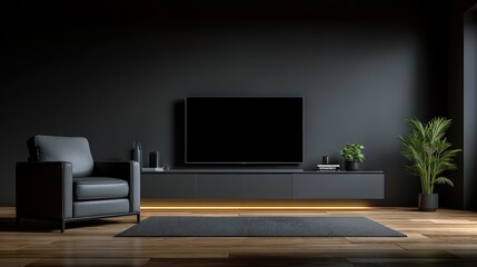 Sleek minimalist living room interior with a large wall-mounted television, a comfortable armchair, and a floating console with warm backlighting on a dark wall