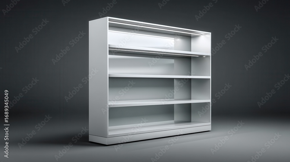 Poster empty white retail display shelf with integrated lighting for product presentation or mockup on a mo