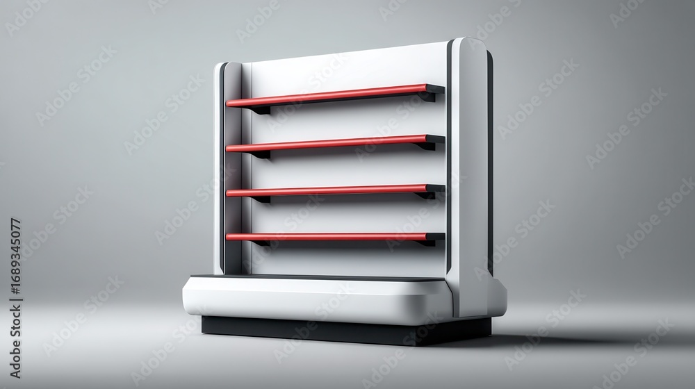 Poster empty retail display unit with four red shelves for product placement or mockup presentation on a gr