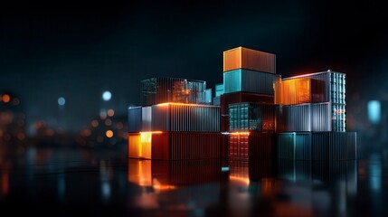 Dramatic illuminated shipping containers stacked at night port with colorful orange and teal lighting against dark background, global logistics and freight transportation concept with free copy space