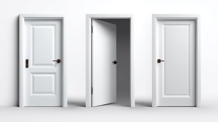 Three white doors in a minimalist setting with one door open representing the concept of choice, opportunity, and decisions