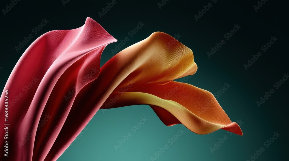 Poster abstract flowing fabric with dynamic waves and elegant folds on a dark background. pink and orange g