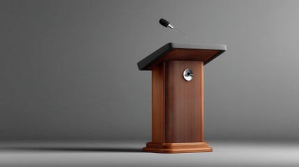 Elegant wooden lectern with a modern microphone for public speaking or a conference, isolated on a simple gray studio background