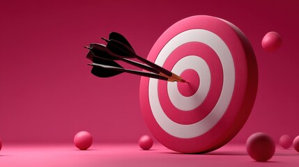 Three black darts hitting the bullseye on a pink and white target representing business success, goal achievement, and marketing strategy on a monochrome background