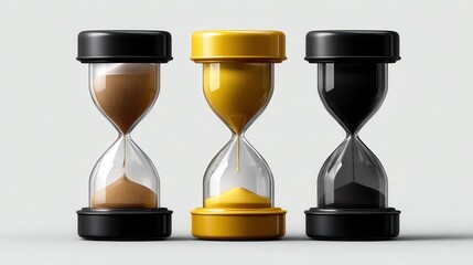 Set of three modern hourglasses in black and yellow with flowing sand for time management and deadline concepts