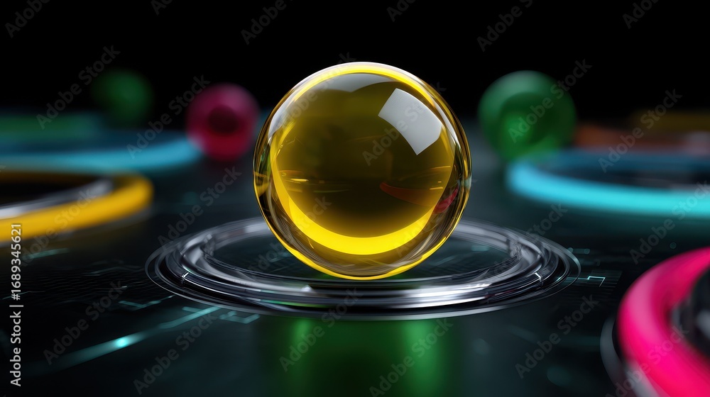 Poster abstract futuristic background with a glowing yellow glass sphere on a metallic base with neon rings