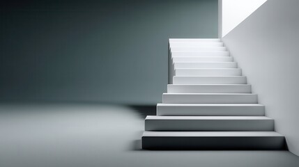 Fototapeta premium Minimalist white staircase ascending towards a bright light symbolizing success, ambition, and future opportunities