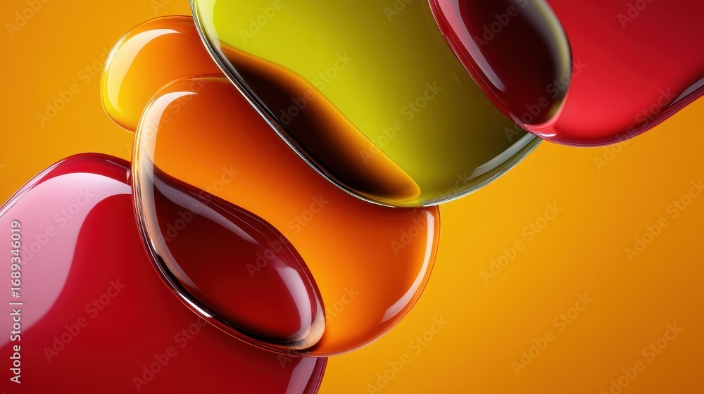 Poster vibrant abstract composition featuring glossy, reflective liquid forms and smooth curved shapes in a