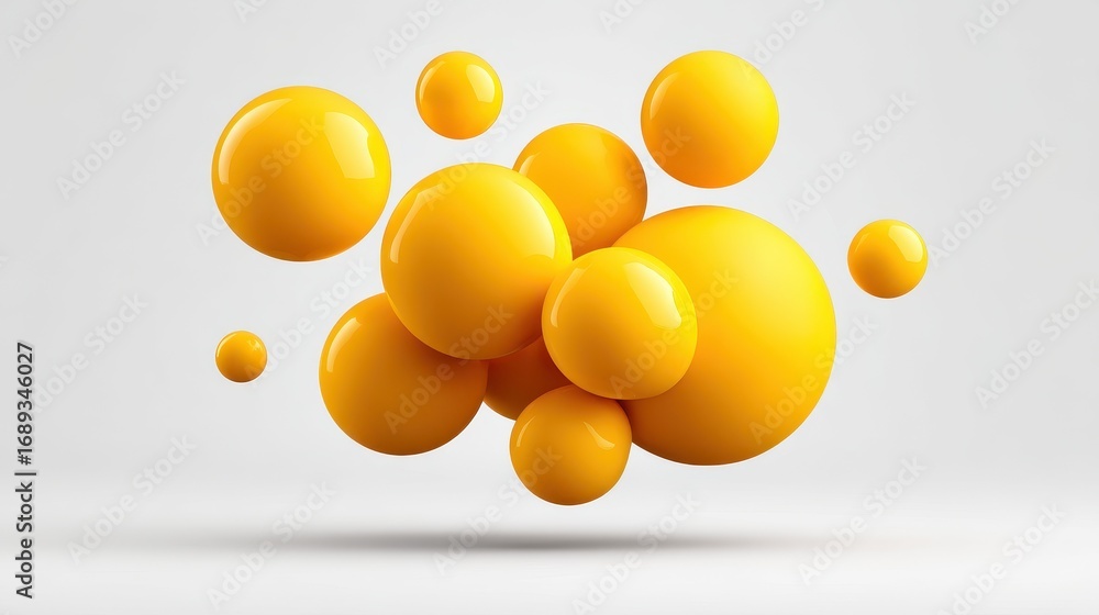 Poster abstract composition of floating yellow glossy spheres on a clean white background with soft shadows