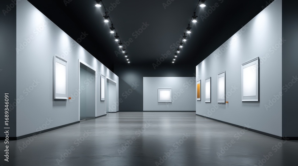 Poster modern art gallery interior with empty white frames for mockup display on gray walls and a dark ceil
