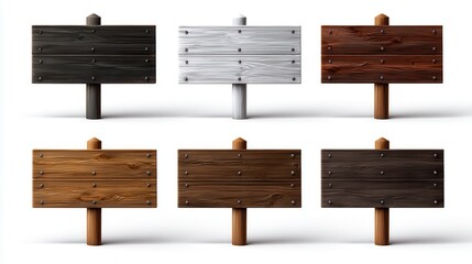 Collection of realistic wooden signposts and signboards with detailed wood grain texture isolated on a white background