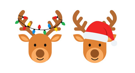 Cute cartoon reindeer faces with christmas lights and santa hat