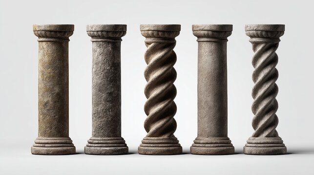 Collection of ancient Greek or Roman stone pillars including classical straight and twisted Solomonic columns for architectural design elements