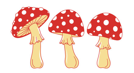 Three cartoon fly agaric mushrooms with red caps and white spots