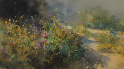 Elegant wedding invitation card background watercolor pictures Natural little a Gerbera flower field in a lifestyle style expressing wonder with pastel floral shades and golden lighting harmony