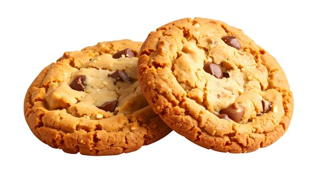Two chocolate chip cookies on a white background
