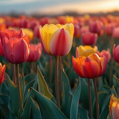 A field of red and yellow tulipas