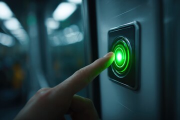 Naklejka premium Activating green light button subway train close-up image urban environment focused viewpoint