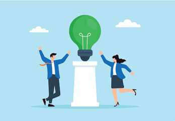 Flat illustration of employees celebrating green lightbulb on pedestal as corporate symbol of clean energy commitment