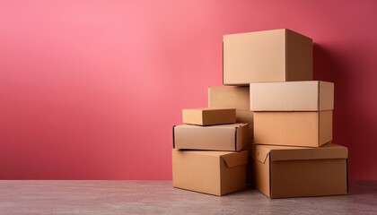 cardboard boxes stacked against a pink background
