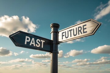 A weathered signpost with two arrows points in opposite directions indicating the past and the future against a cloudy sky