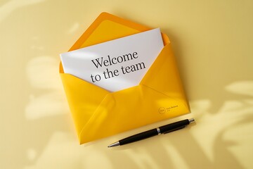 A bright yellow envelope with a handwritten welcome to the team note and a black pen on a textured yellow background