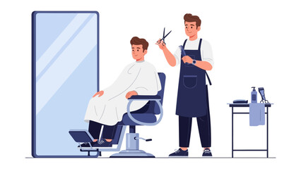 Professional barber in apron carefully cuts client s hair with scissors in a modern salon setting