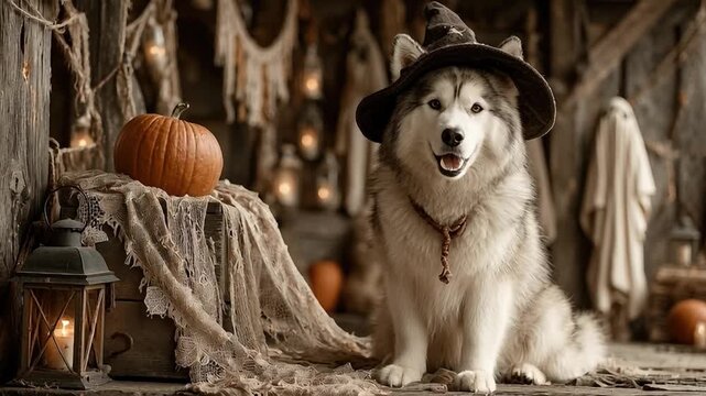 Spooky Husky in Halloween: A fluffy husky dressed in a witch's hat sits amidst Halloween decorations, embodying the spooky season spirit with its charm and cuteness. 