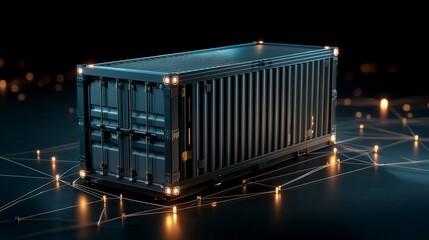 Futuristic digital shipping container with glowing connection points on dark network grid background representing global logistics and supply chain technology
