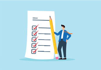 Flat illustration of businessman completing checklist with big pencil task management productivity planning organization and goal setting in business or personal life