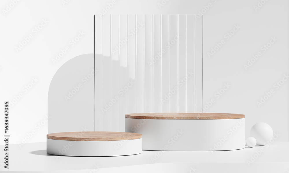 Poster modern product display podiums with wood texture tops. 3d rendering