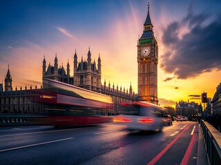 Obraz premium Iconic big ben and the houses of parliament bathed in the warm glow of a dramatic london sunset with blurred traffic