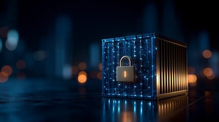 Secure digital padlock protecting illuminated shipping container with network connections against dark cityscape background in cybersecurity concept