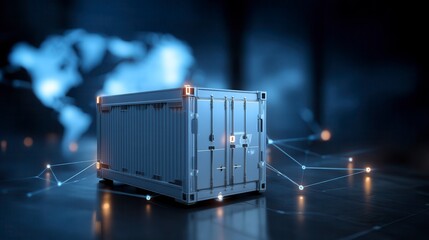 Modern digital shipping container with network connections against blurred world map background in blue tones, illustrating global logistics technology