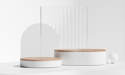 Modern product display podiums with wood texture tops. 3D Rendering
