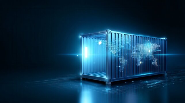 Futuristic digital shipping container with glowing blue world map projection on dark background - global logistics and supply chain technology concept